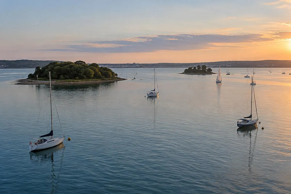 Calm evening over Poole Harbour with moored sailing boats and wooded islands