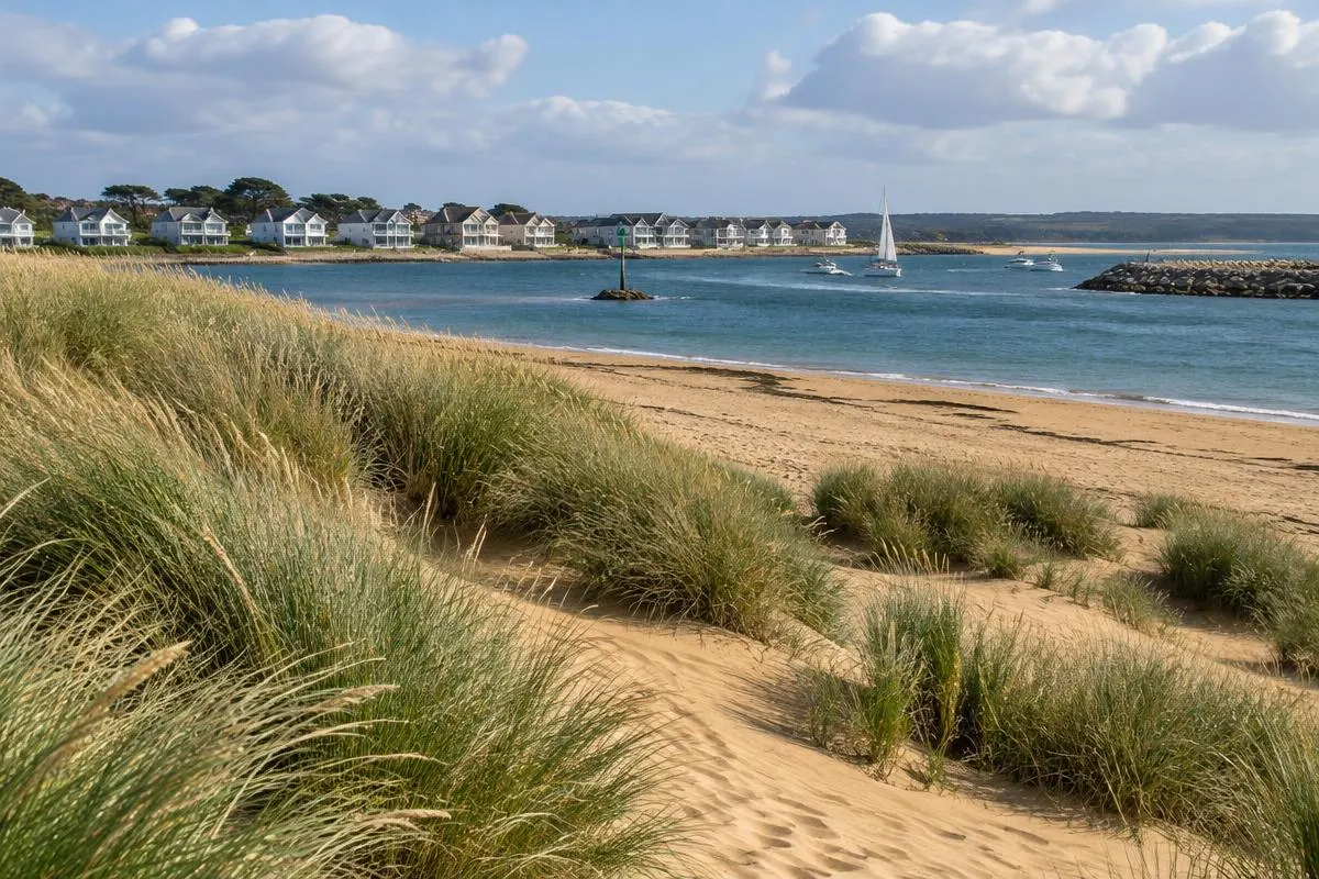 Sand dunes and marram grass at Shell Bay looking across the harbour entrance to Sandbanks